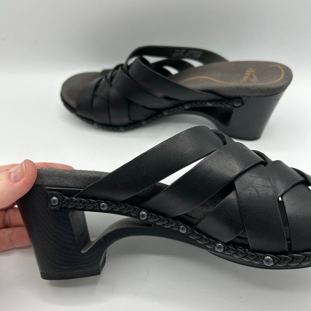 Dansko Womens Black Leather Strappy Wedge Sandals Size 40 Braided Trim - Picture 9 of 12